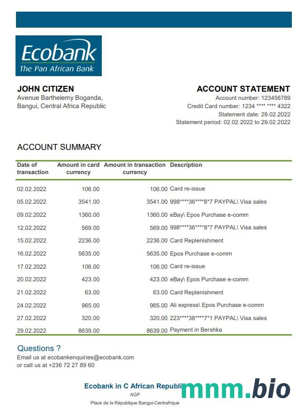 Szablon wyciągu bankowego Ecobank Republiki Środkowoafrykańskiej w formacie Word i PDF